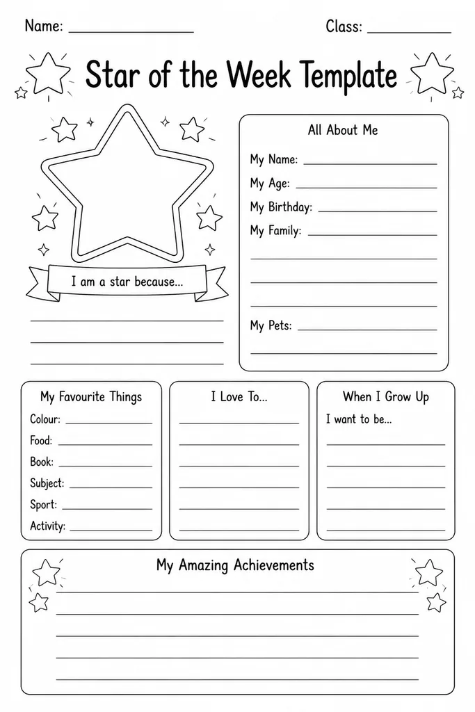 Blank printable star of the week all-about-me template with self-portrait box, name, favourite things, and proud moment sections for K–5 students