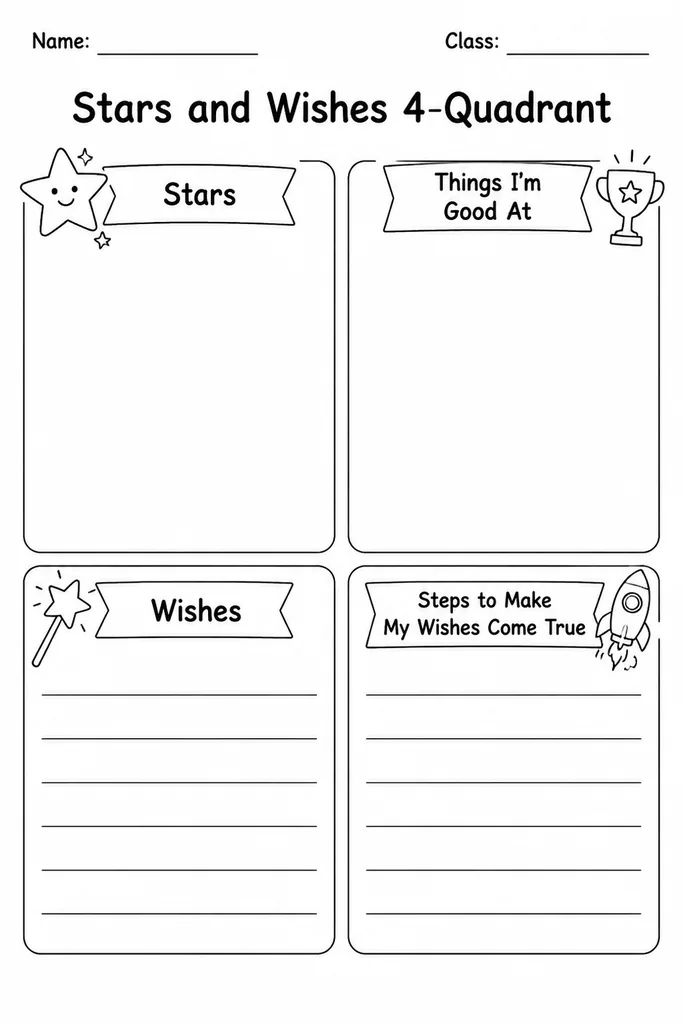 Blank printable Stars and Wishes four-quadrant template divided into Stars, Wishes, What I Learned, and What I Want to Try Next sections for student self-reflection
