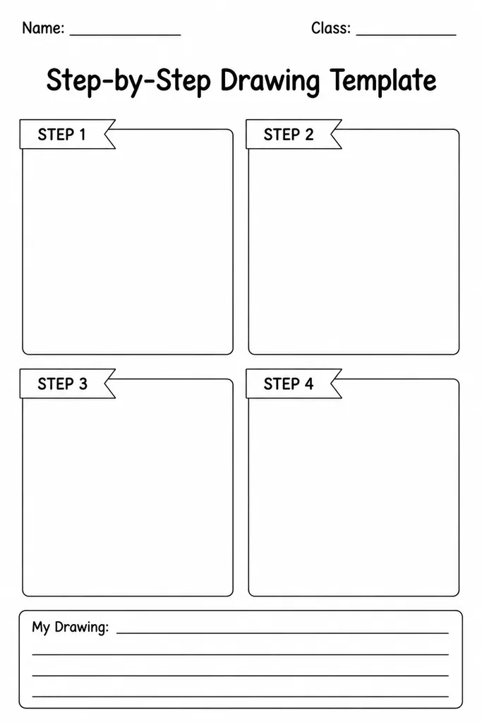 Blank step-by-step drawing template with four numbered sequential panels for students to build up a drawing stage by stage