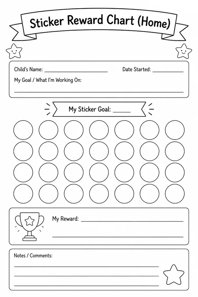 Blank printable sticker reward chart with a goal title area and empty grid of cells for placing stickers, designed for home use with children aged PreK through Grade 5