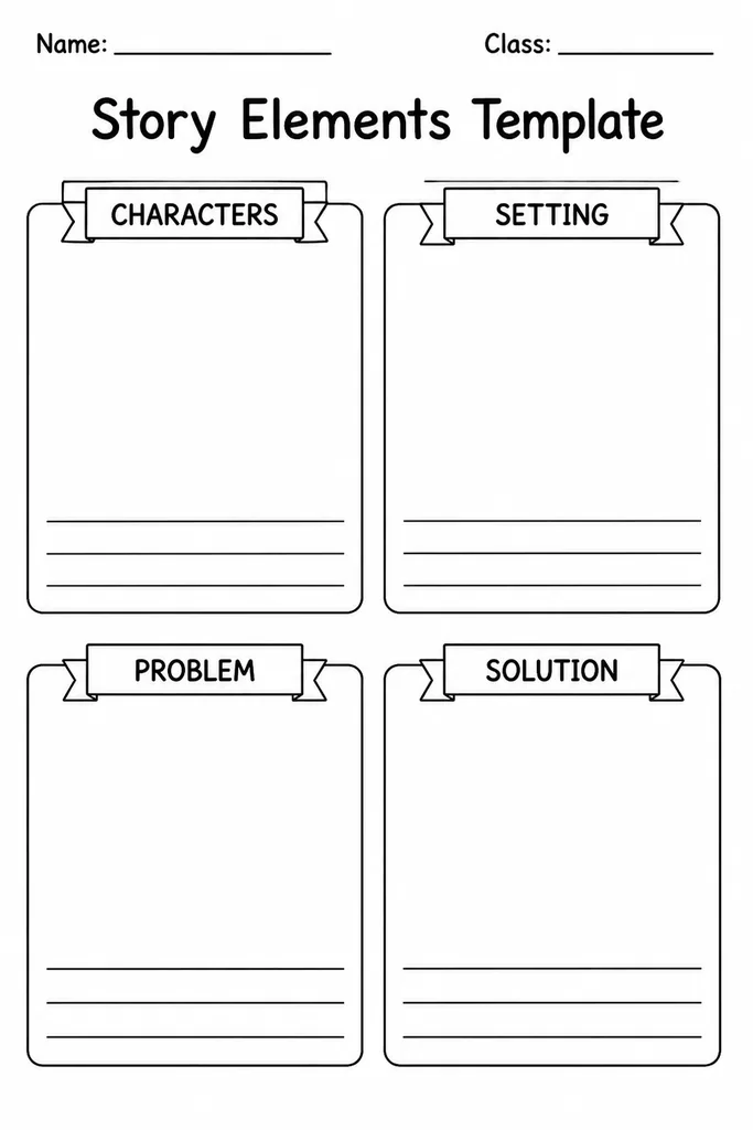 Blank printable story elements template with four labeled boxes for characters, setting, problem, and solution on one page