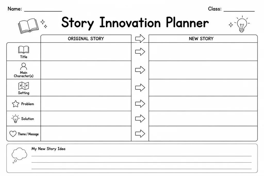 Blank Story Innovation Planner printable with two parallel columns for original model story and student's innovated version details