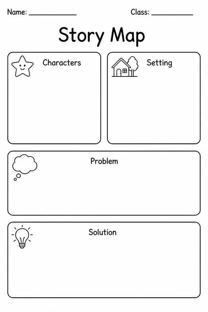 Blank printable story map graphic organizer with labeled boxes for characters, setting, problem, and solution on white paper