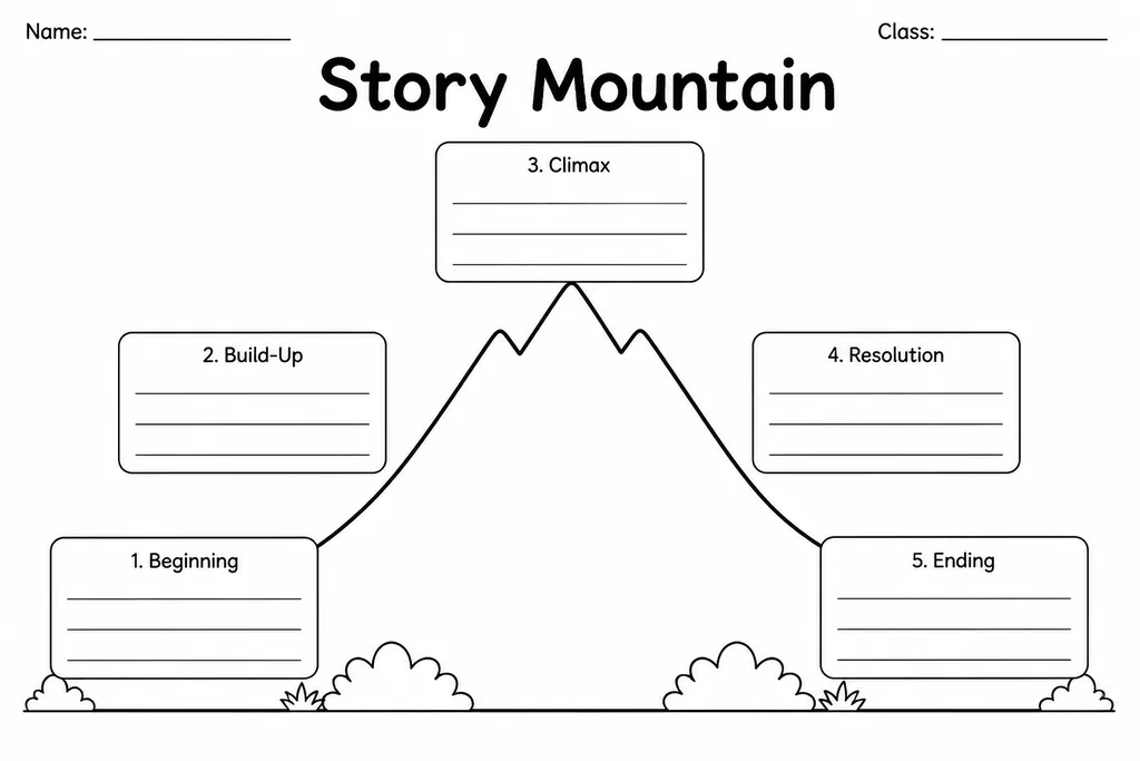 Blank printable story mountain graphic organizer with five labeled points — introduction, build-up, problem, resolution, and ending — along a mountain outline