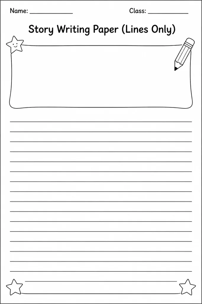 Free printable Story Writing Paper lines-only template showing a full page of evenly spaced ruled lines with a blank title line at the top for Grades 2 through 6