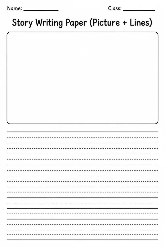 Free printable Story Writing Paper template with a blank illustration box at the top and dotted mid-line ruled writing rows below for Grades K through 3