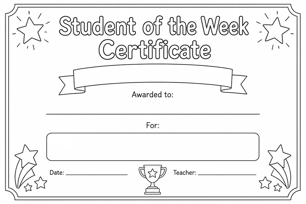 Blank printable Student of the Week celebration certificate with recipient name line, week date field, personal note space, and teacher signature line