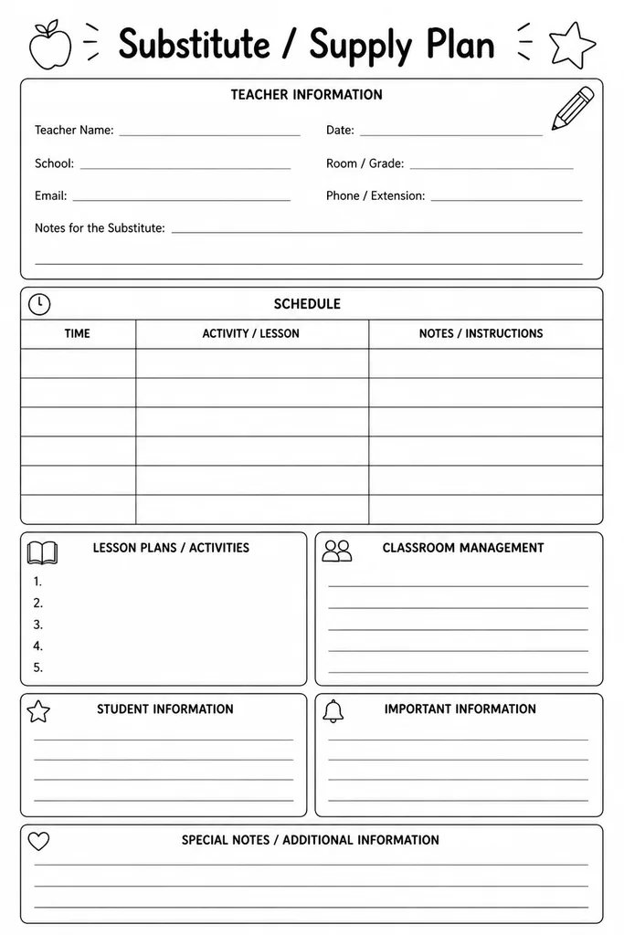 Blank substitute supply plan template with sections for daily schedule, student notes, lesson outlines, and class routines, ready to print