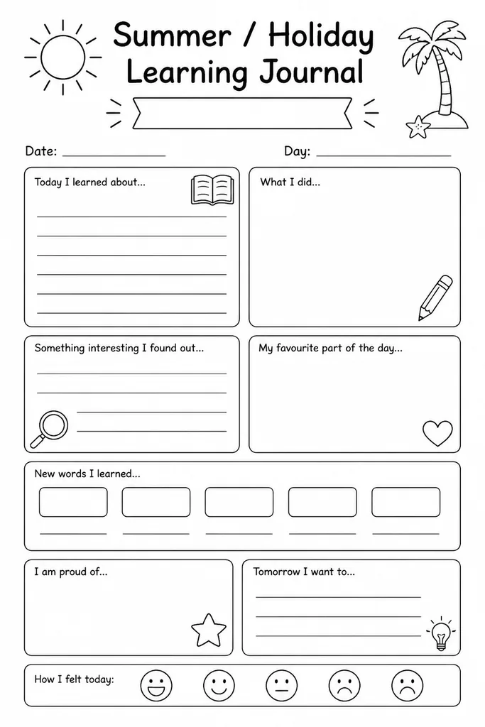 Blank summer holiday learning journal page with sections for date, daily highlight, something learned, and a free-draw reflection space
