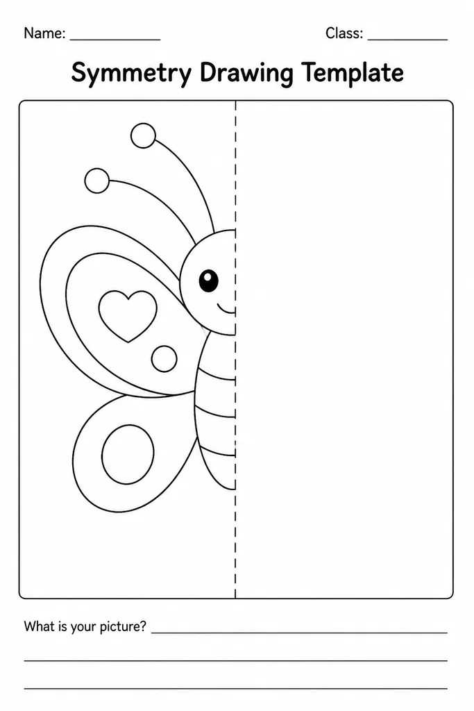 Blank symmetry drawing template with a detailed half image on the left side of a vertical centre line and a blank mirroring space on the right side
