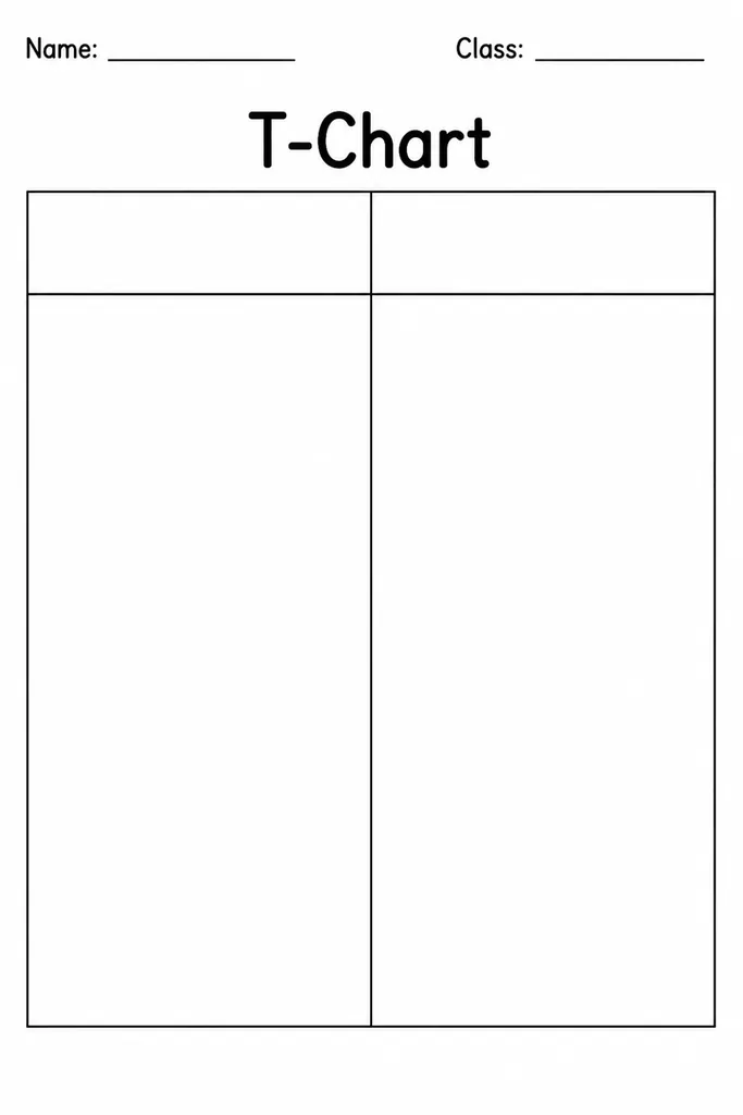 Blank two-column T-chart printable with header lines and vertical divider, universal graphic organizer for kindergarten through grade 8