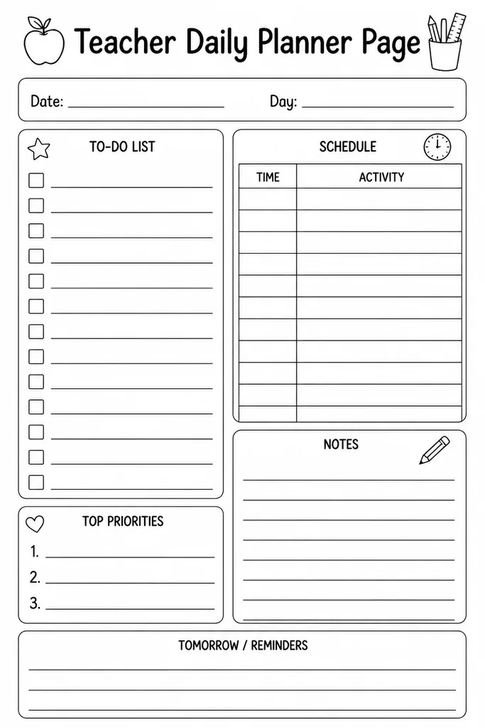 Blank printable teacher daily planner page with sections for schedule, to-do list, and notes