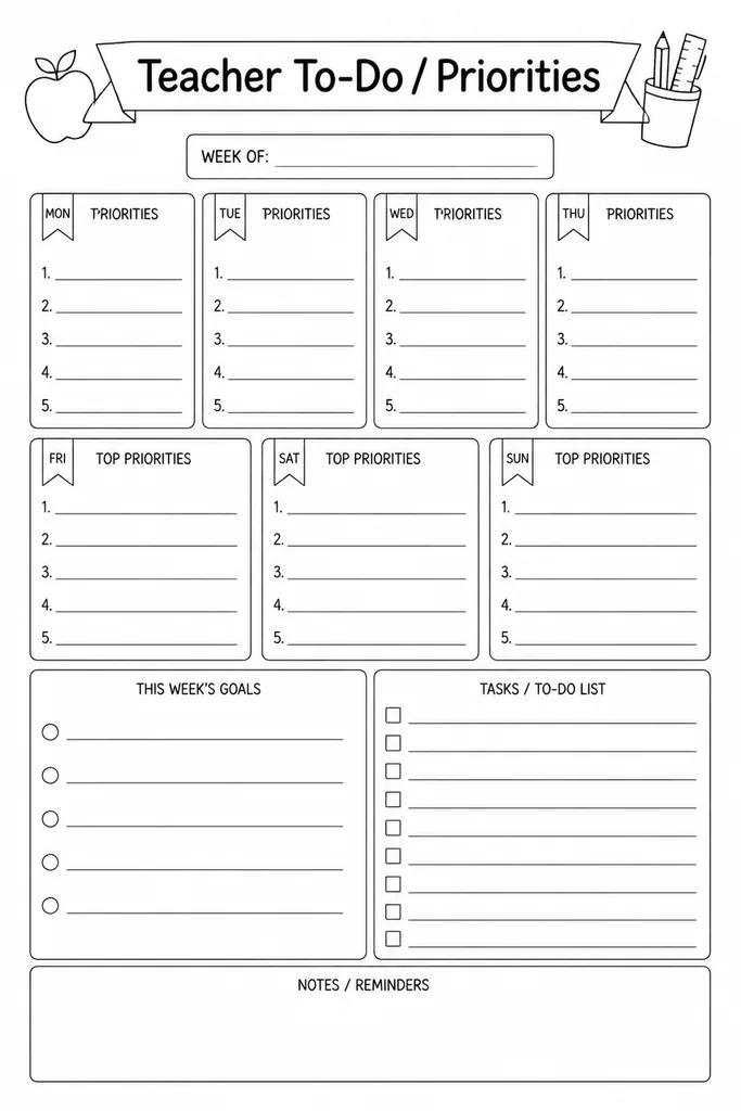 Blank printable teacher weekly to-do and priorities page with open task list zones and priority ranking area