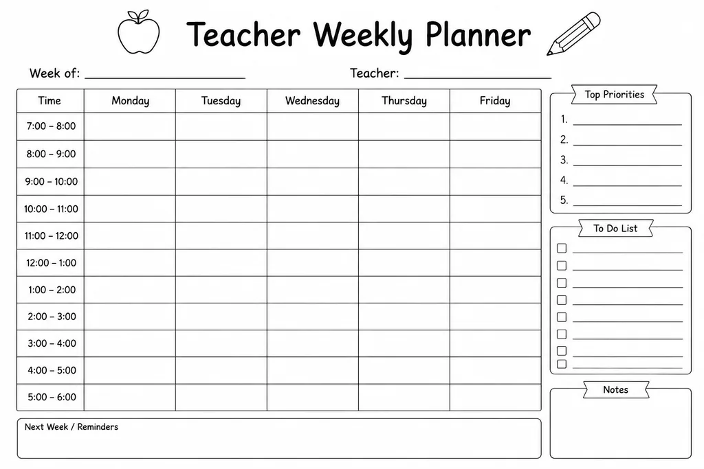 Blank printable teacher weekly planner with time-blocked columns for each school day and space for notes