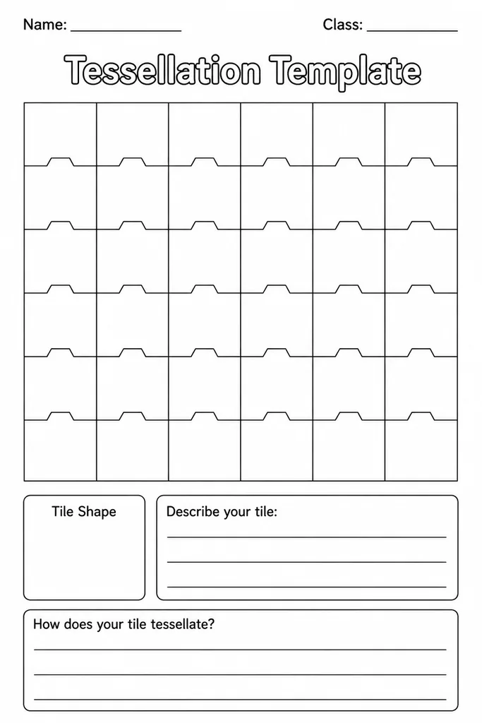 Blank tessellation printable template showing a repeating interlocking tile grid on white paper ready for student colouring and design