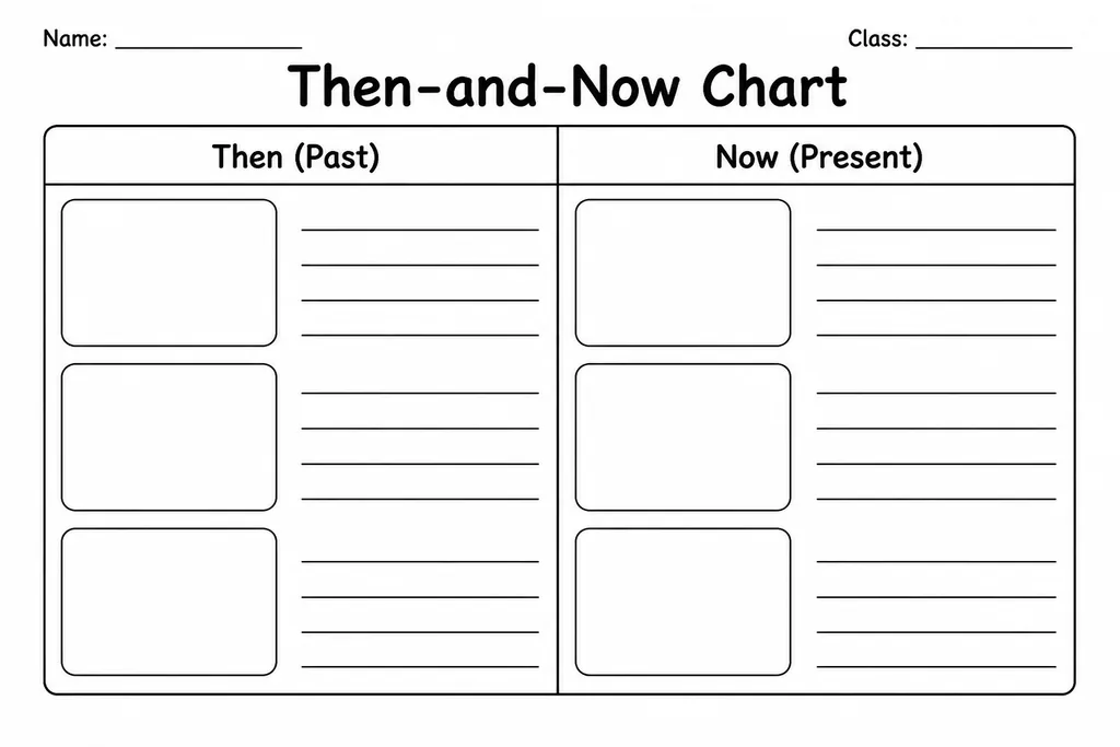 Blank two-column Then-and-Now Chart printable template for elementary social studies comparison activities