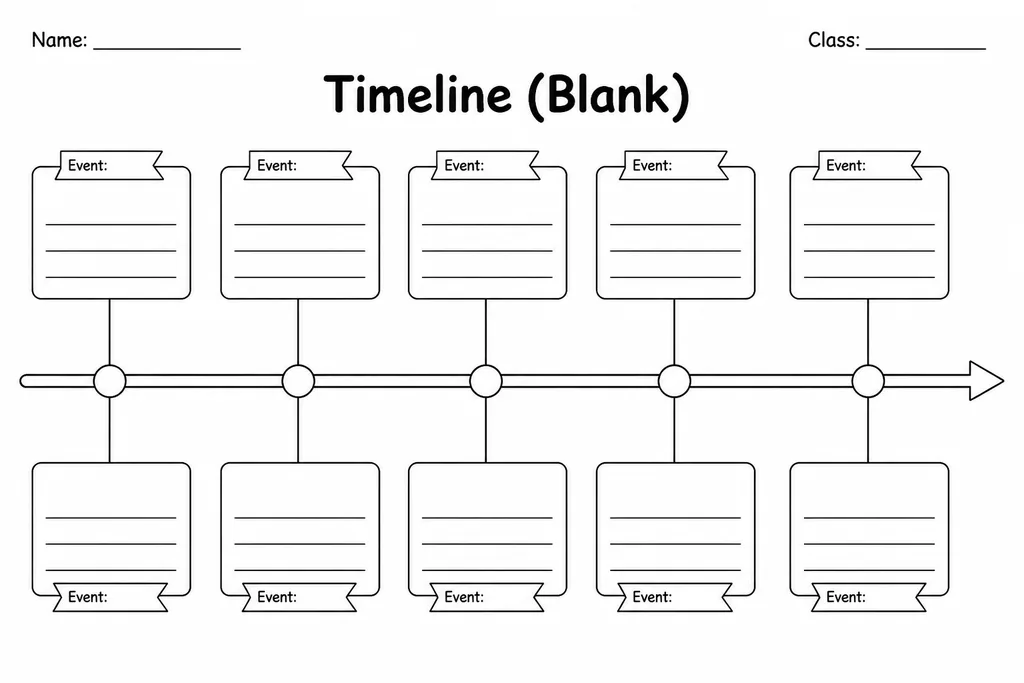 Free printable blank timeline graphic organizer with an empty horizontal track and evenly spaced event tags above and below