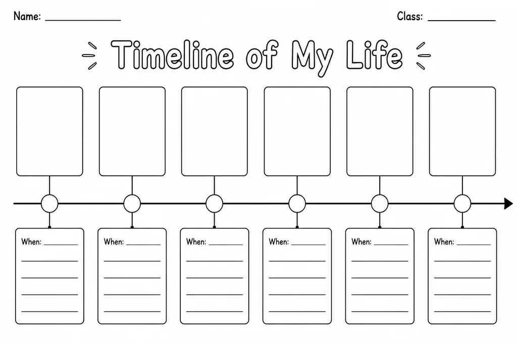 Blank personal life timeline printable with evenly spaced tick marks for students to record their own key life events
