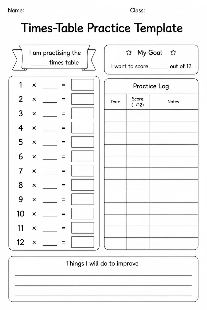 Printable times-table practice template with blank columns for factor, multiplier, and product focused on a single multiplication table