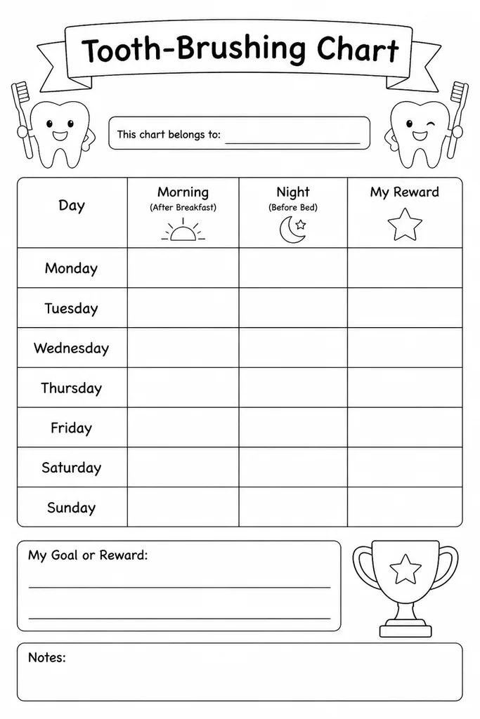 Blank tooth-brushing reward chart printable with morning and night columns for each day of the week and an empty reward milestone box