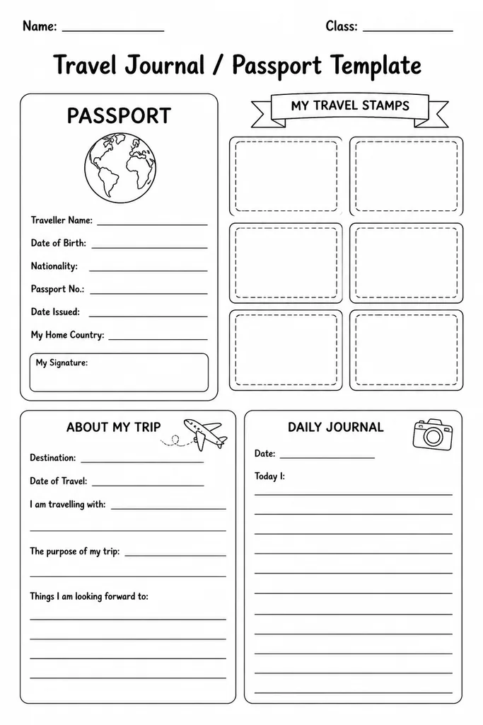 Free printable travel journal passport template showing stamp boxes and ruled journal lines for students in kindergarten through grade 6