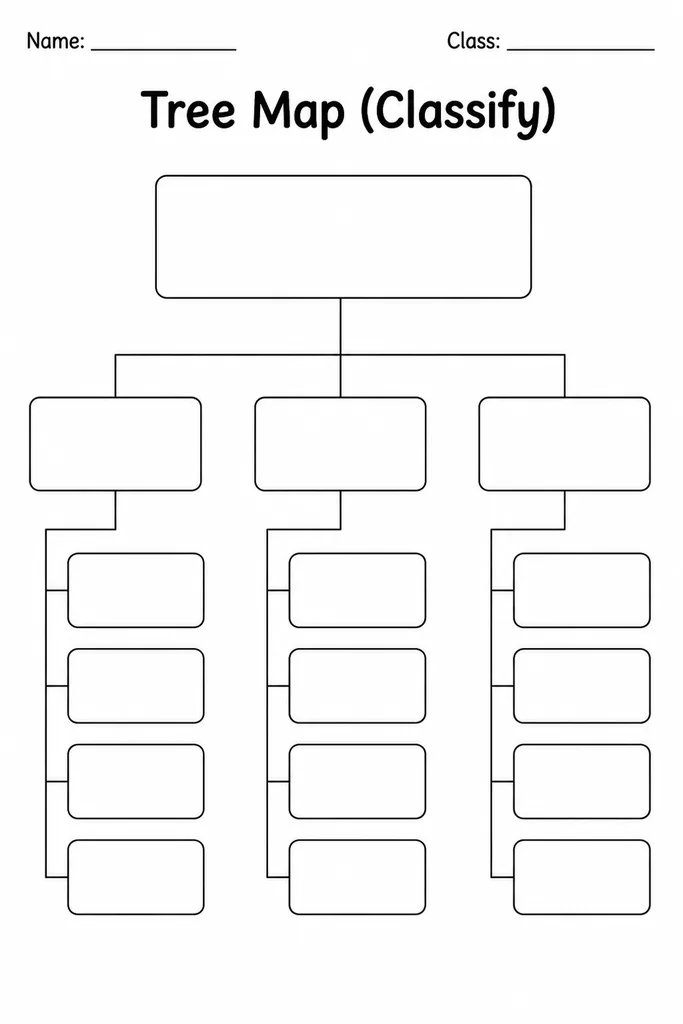 Blank printable tree map graphic organizer with a top heading and four branching category columns for classification, grades 2–7