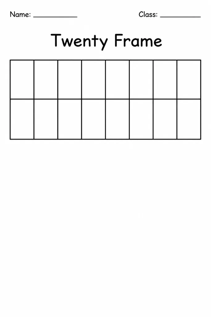 Blank printable twenty frame — a four-row by five-column grid of 20 equal boxes for counting, skip-counting, and addition to 20