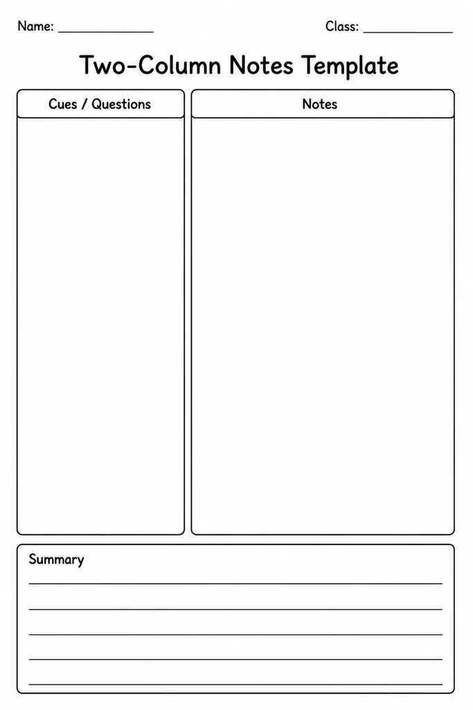 Free printable two-column notes template with two equal blank ruled columns and a header line at the top for custom labels