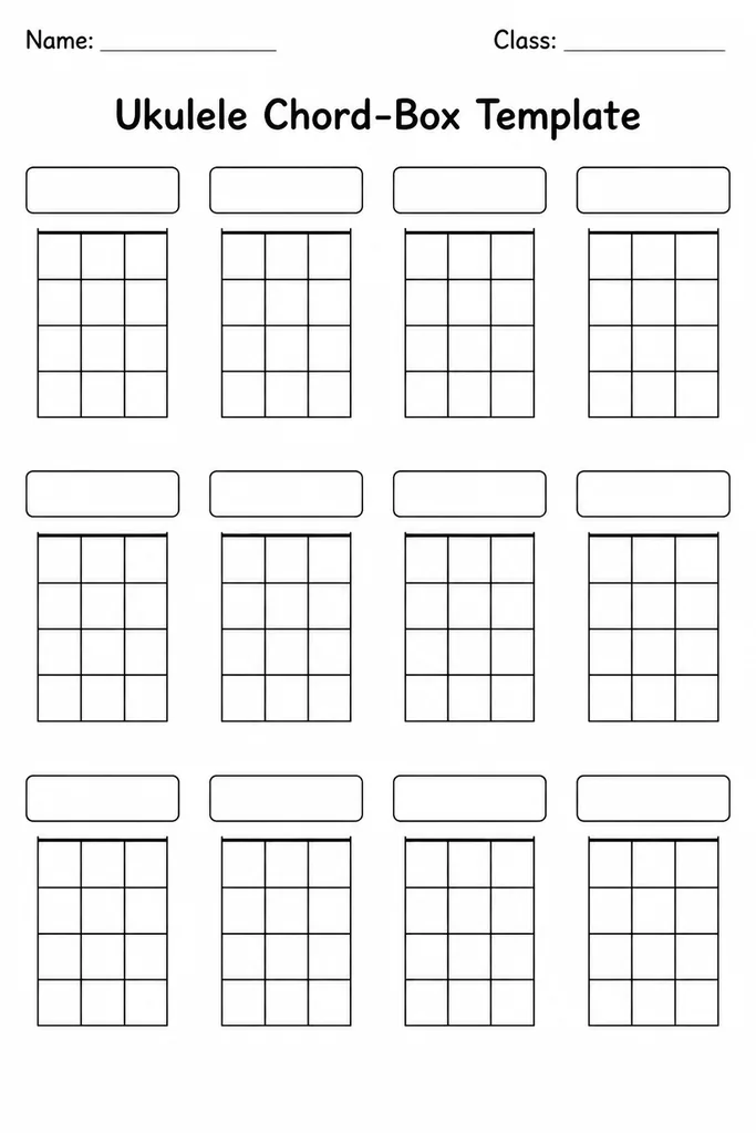 Printable ukulele chord-box template with a grid of blank four-string four-fret chord diagrams on a white page