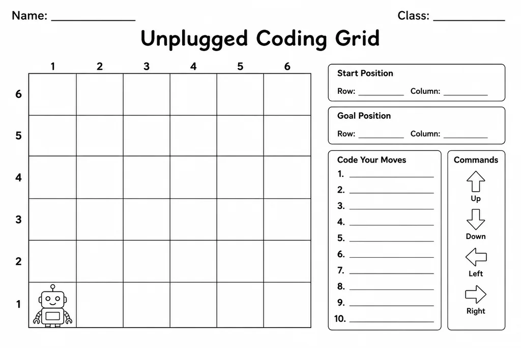Blank printable unplugged coding grid with square cells and a coding strip, ready for K-5 students to plan robot-move algorithms