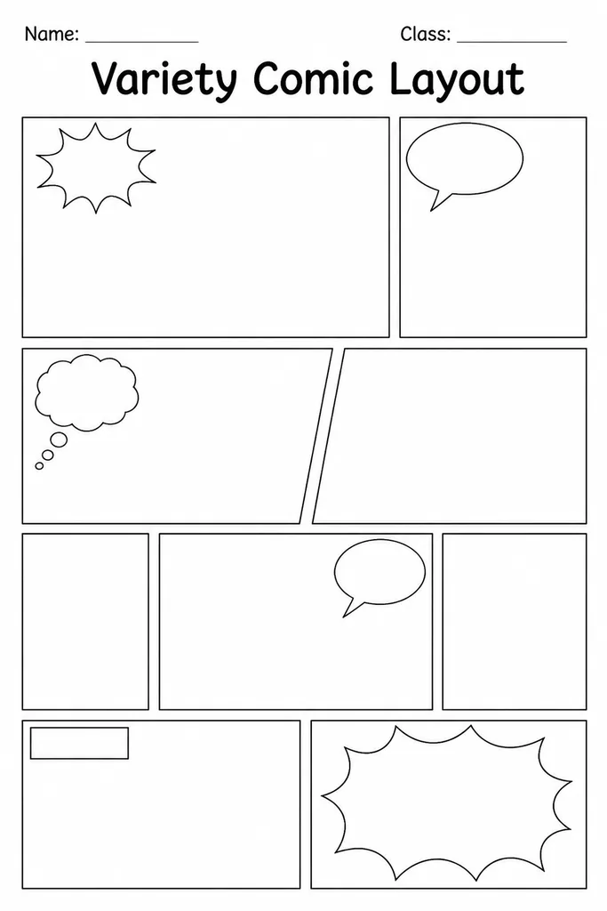 Free printable variety comic layout template featuring mixed-size blank panels including wide cinematic frames and small square panels on one page