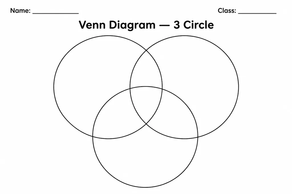 Blank three-circle Venn diagram printable with all seven overlap regions visible, universal graphic organizer for grades 3-8