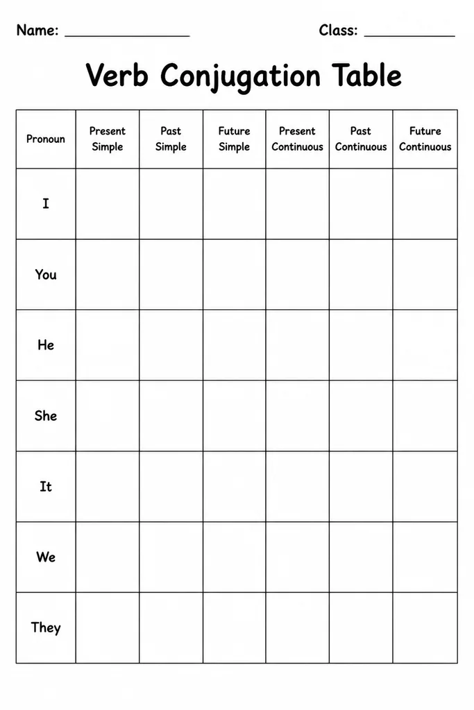 Blank printable Spanish verb conjugation table showing six pronoun rows and empty tense columns for student practice