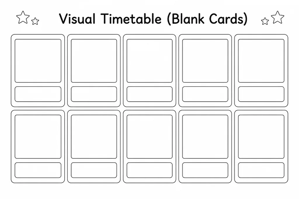 Printable blank visual timetable cards with large picture box and label line, arranged in a daily schedule sequence on a pocket chart strip