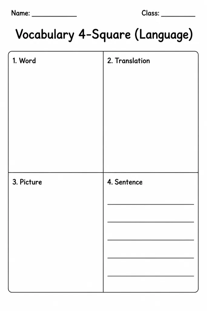 Blank printable vocabulary 4-square language template divided into word, translation, picture, and sentence quadrants for Spanish study