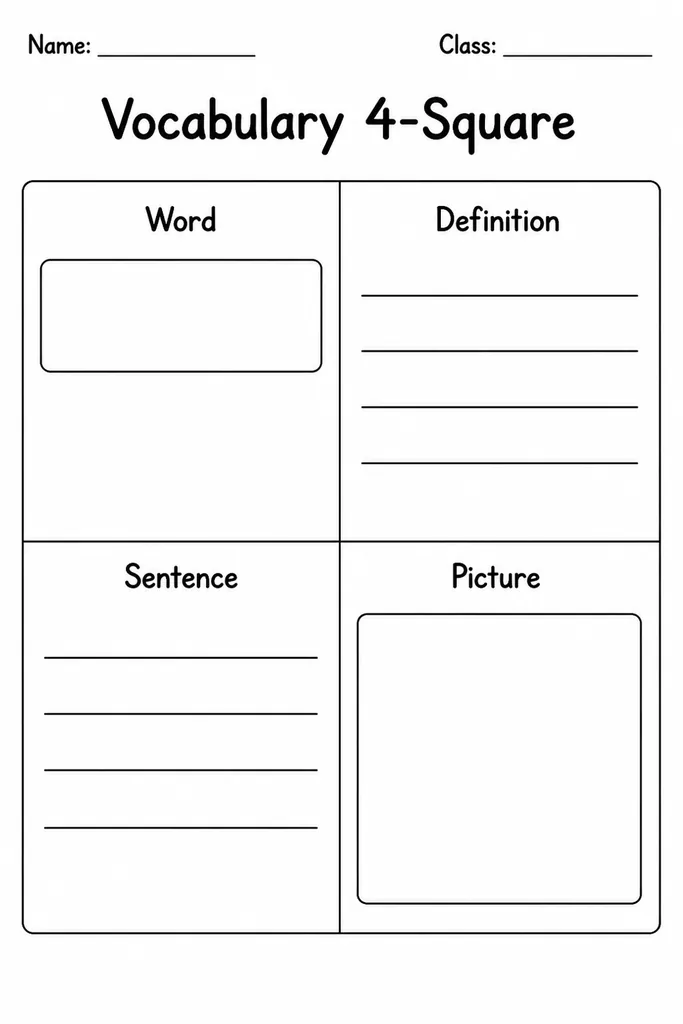 Blank vocabulary 4-square printable divided into four quadrants: word, definition, sentence, and picture/illustration