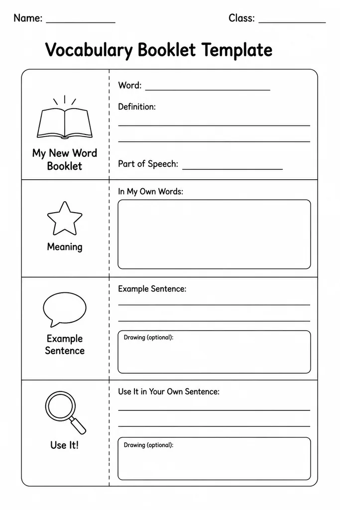 Blank printable vocabulary booklet template showing fold lines and empty pages for Spanish words and definitions
