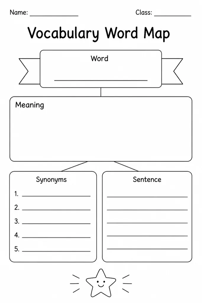 Free printable vocabulary word map template with four boxes for the target word, student-written meaning, synonyms, and an original sentence, grades 2 to 8
