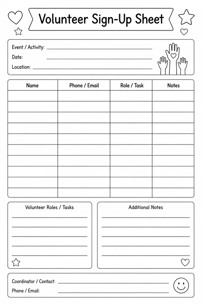 Blank printable volunteer sign-up sheet with columns for name, contact details, role, and availability time slots