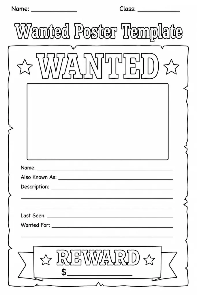 Blank printable wanted poster template with spaces for a portrait, character name, description, last seen location, and reward amount