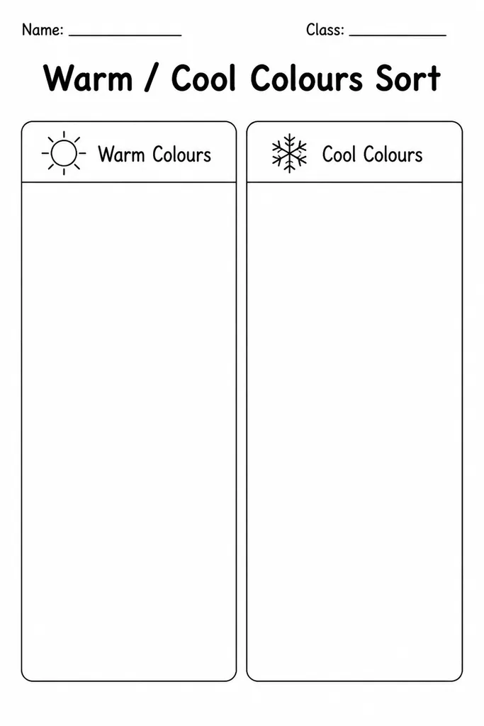 Printable two-zone colour sorting template with separate blank areas labelled 'Warm Colours' and 'Cool Colours' for students to fill with swatches or paint