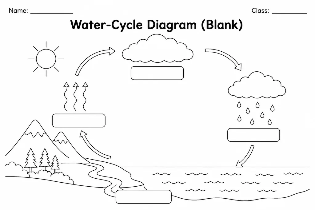 Blank unlabelled water cycle diagram showing cloud, mountain, ocean, and sun with empty label lines for students to annotate each stage