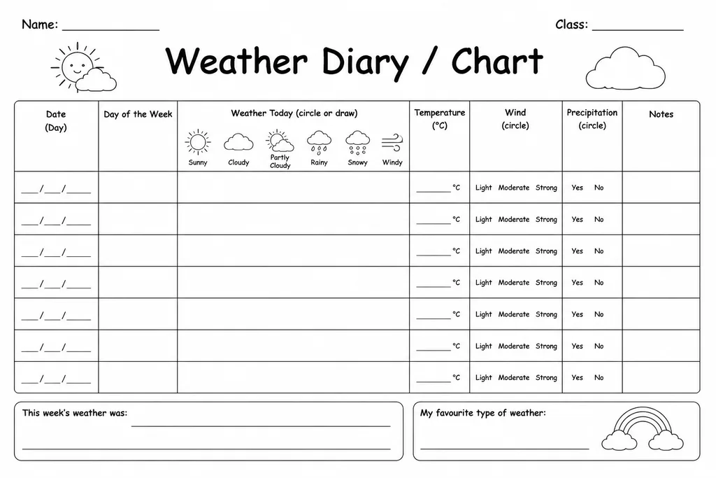 Blank printable weather diary chart with daily rows for recording temperature, sky conditions, and precipitation for early elementary students