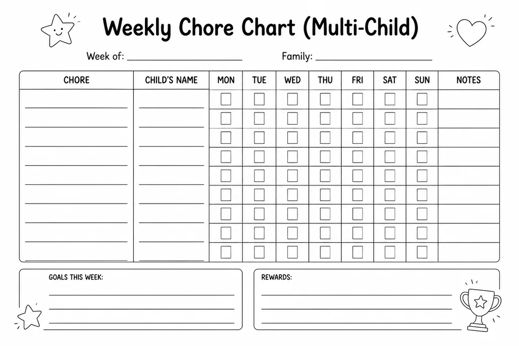 Blank printable weekly chore chart with columns for multiple children and rows for each day of the week, for families with kids in Kindergarten through Grade 8