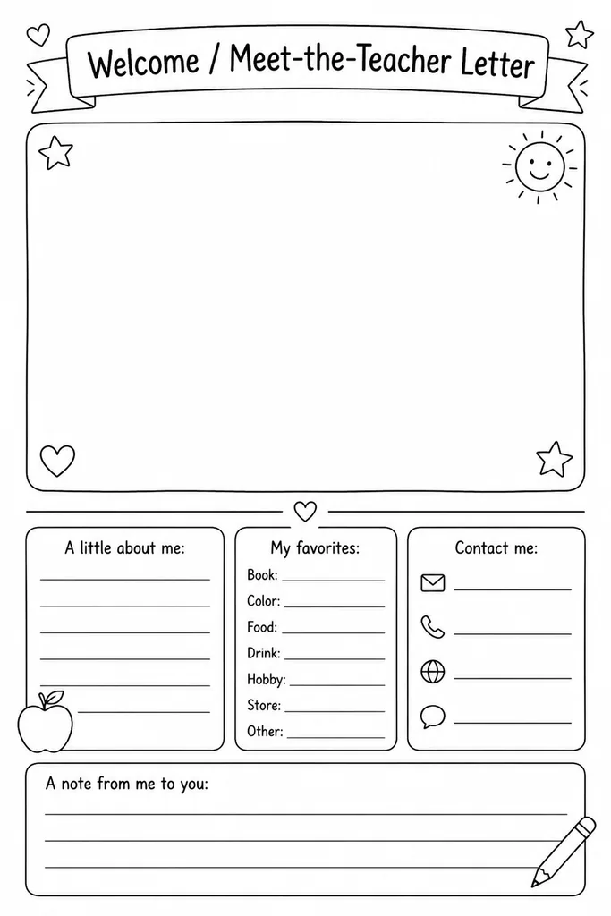 Blank printable welcome meet-the-teacher letter template with sections for teacher introduction, classroom routines, supply information, and contact details