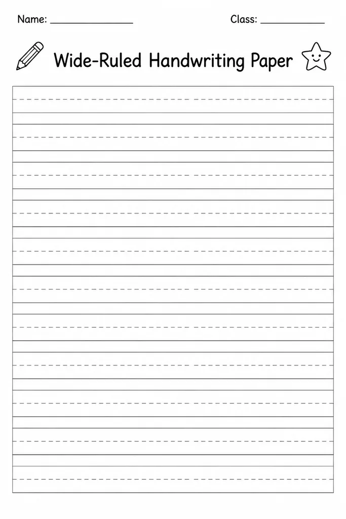 Blank wide-ruled handwriting paper with extra-tall solid-dashed-solid guideline rows sized for PreK and Kindergarten students learning to write