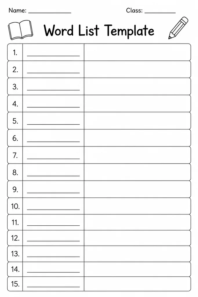 Blank printable word list template with numbered lines on white paper, suitable for student vocabulary and spelling lists grades 1 to 6
