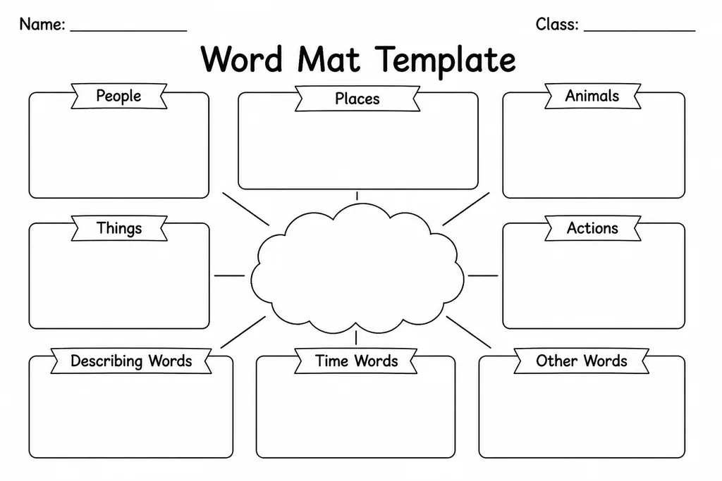 Blank printable Word Mat Template with empty grid sections for themed Spanish vocabulary words