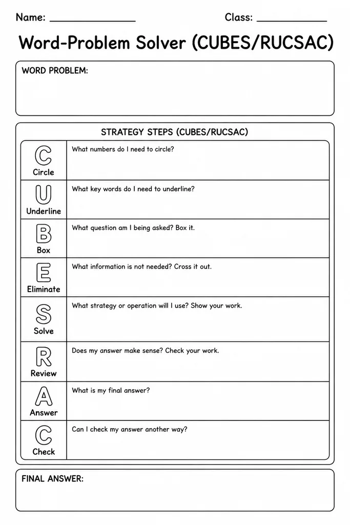 Blank printable CUBES RUCSAC word problem solver template with labelled strategy rows for grades 2 to 7