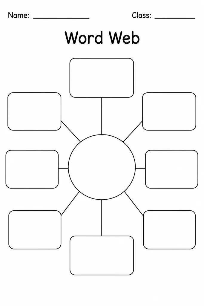 Blank printable Word Web graphic organizer with centre circle and eight radiating spoke bubbles for vocabulary and concept mapping